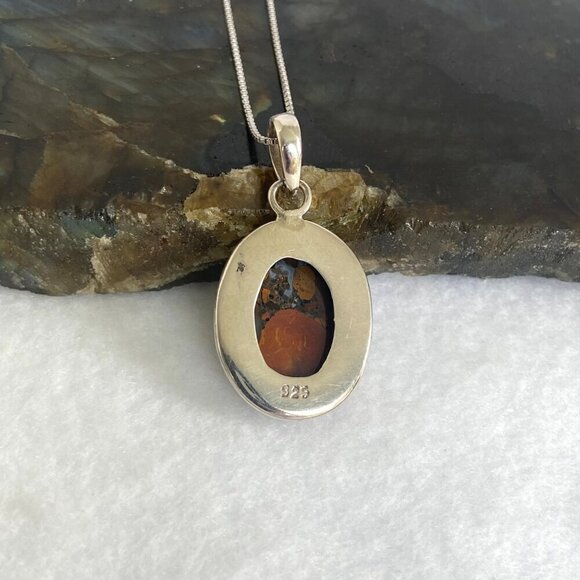 Sterling Silver 925 Oval Bezel Set Brecciated Jasper Pendant Necklace 18.5" - Picture 7 of 16